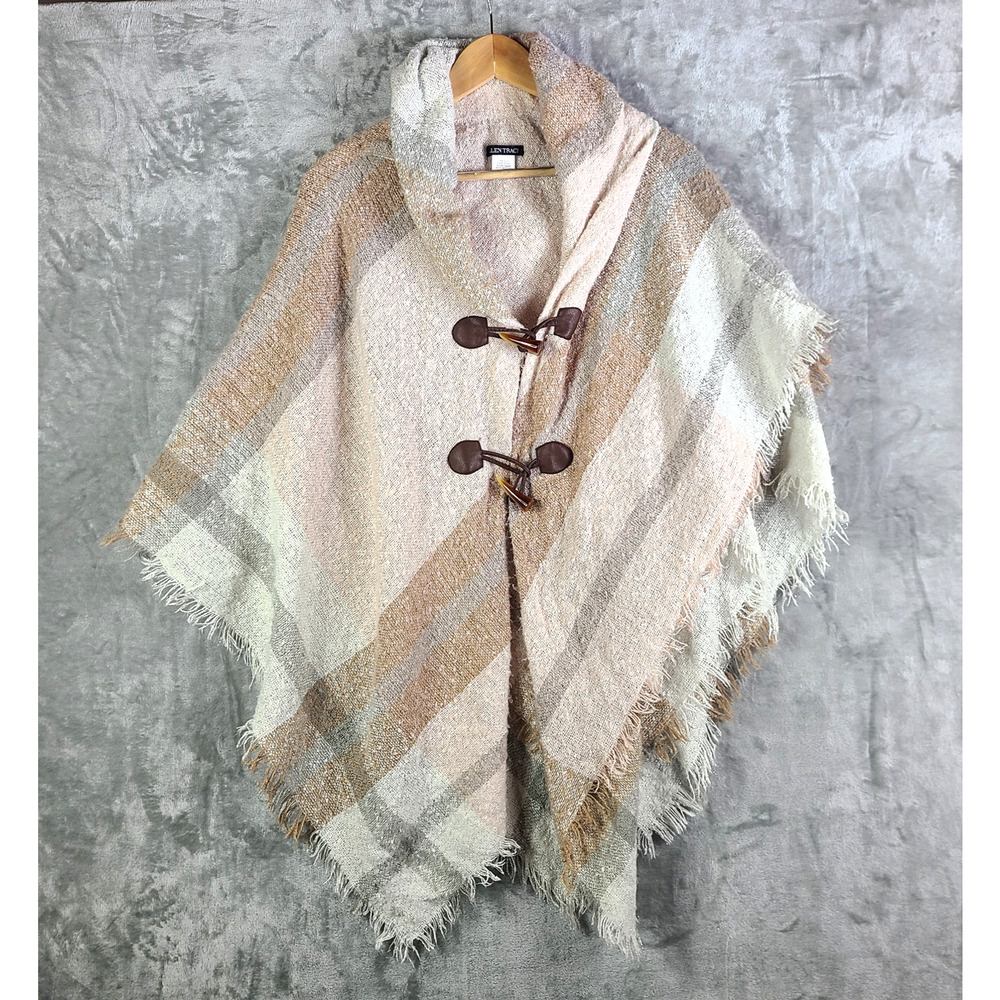 Ellen Tracy Poncho Plaid Fringe Beaded Clasps Boho Chic Coastal Cowgirl One Size